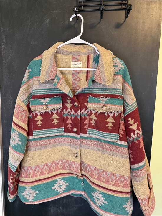 New in Jackets & Blazers - New In Aztec Native Flannel Shirt Shacket Western Blanket Jacket Raw Edge L